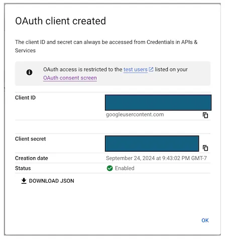 Google Console OAuth Client created