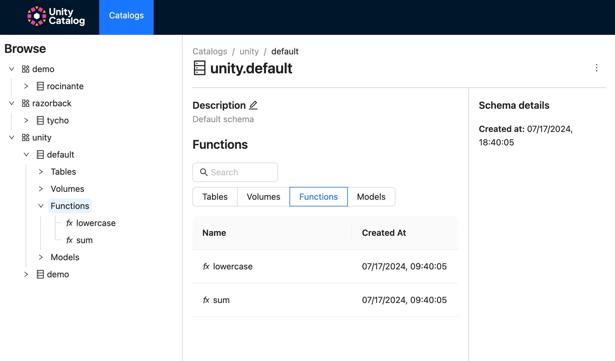 Showing Functions in Unity Catalog